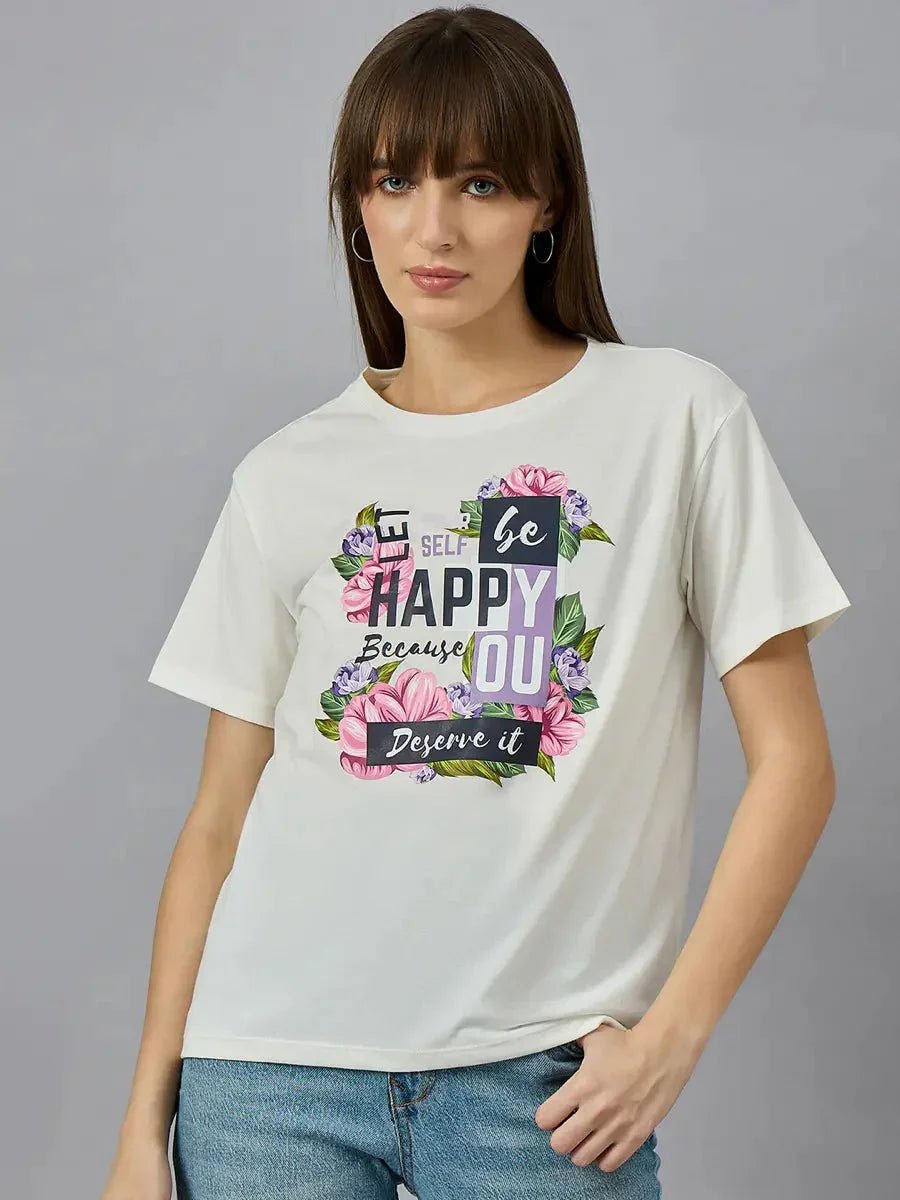 Streetwear Women’s Typography Print Cotton T-shirt – Round Neck