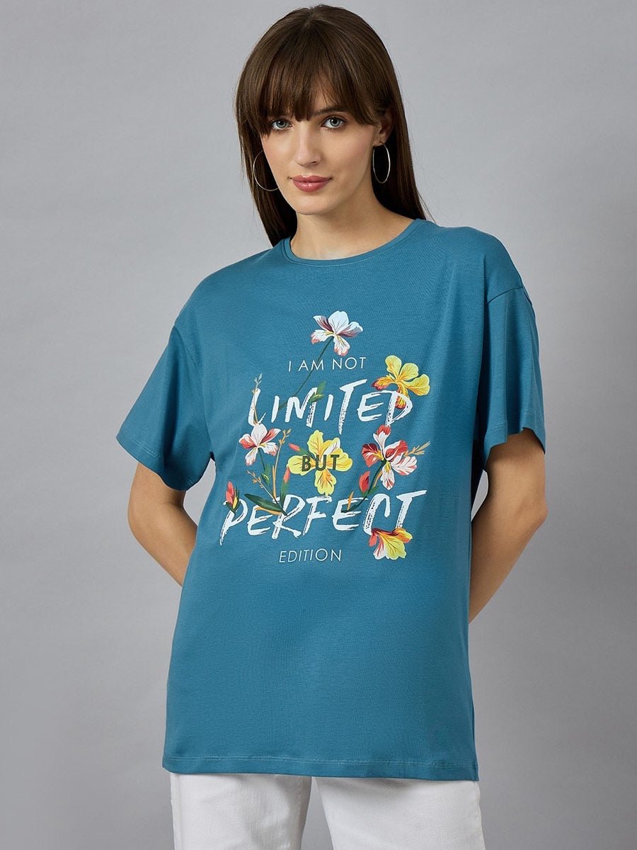98degreenorth Stylish Typography Printed T-shirt for Women with round neck and drop shoulder, chic and confident look.