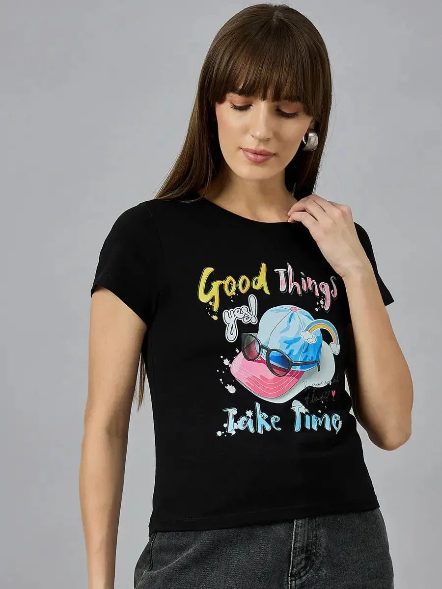 Urban street style meets cotton comfort in this women’s round-neck typography tee