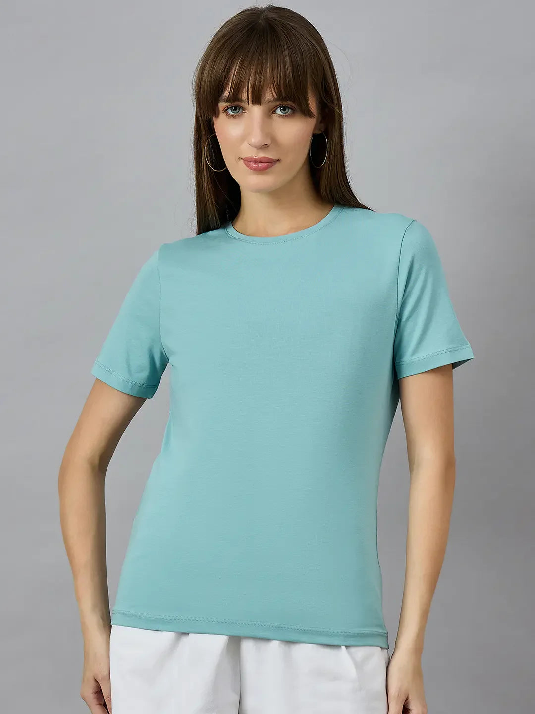 Women’s Aqua Round Neck Short Sleeve T-Shirt – Casual Everyday Western Wear for Women in India