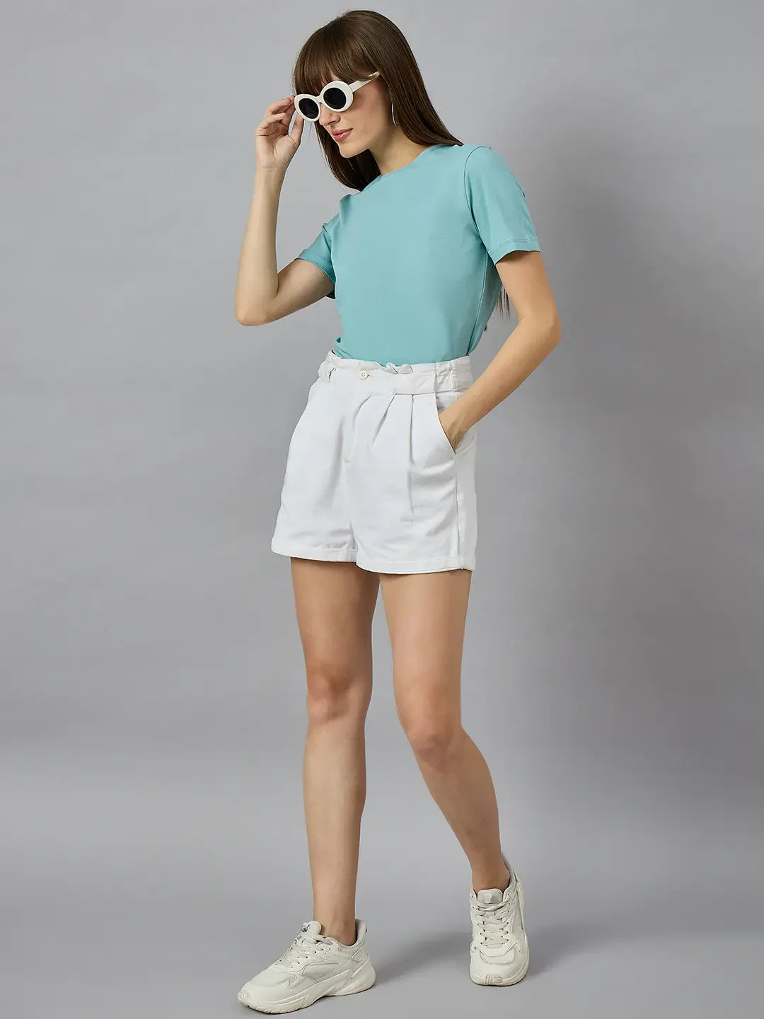 Women’s Aqua Round Neck Short Sleeve T-Shirt – Casual Everyday Western Wear for Women in India