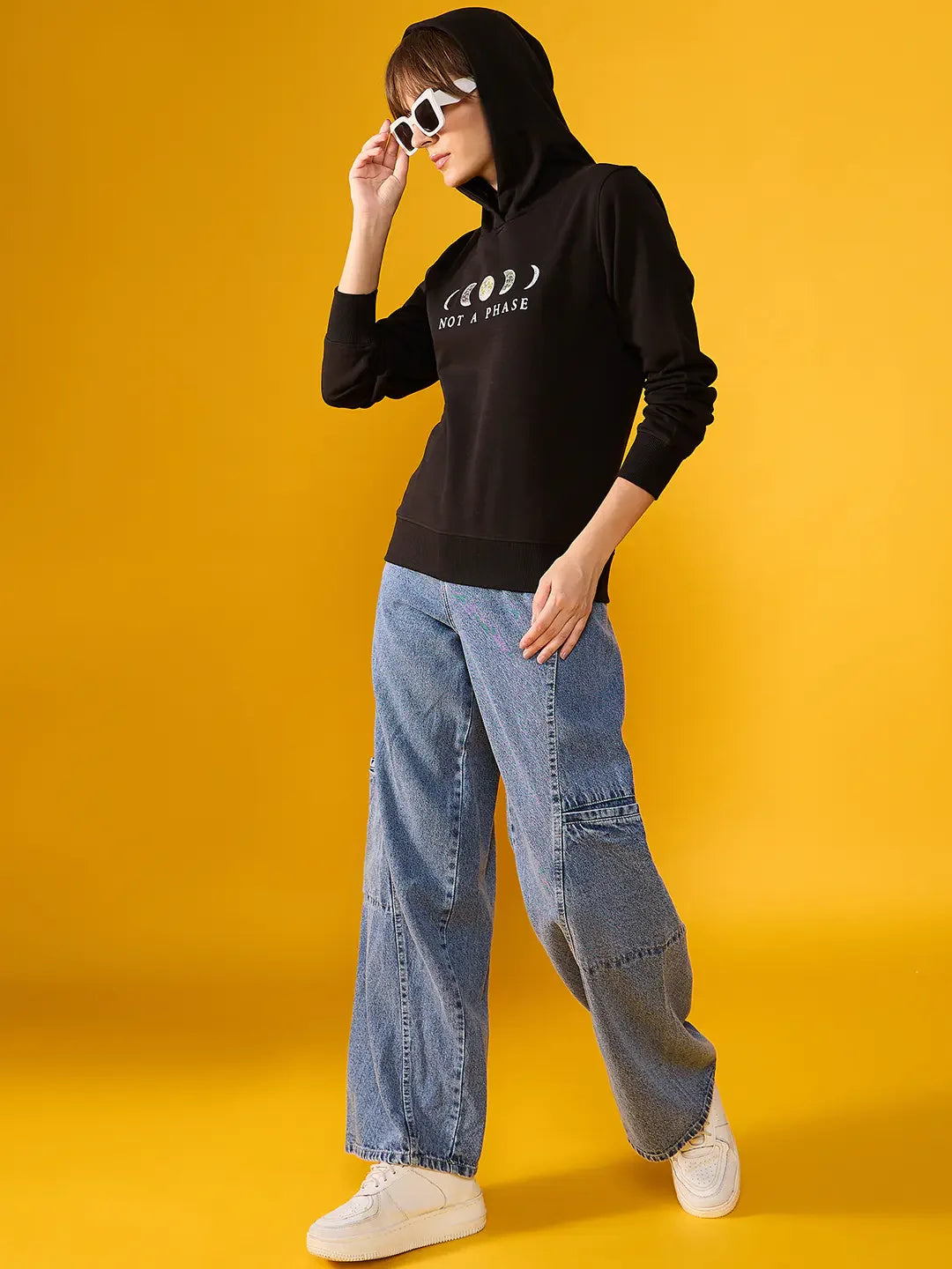 Women’s Black Hoodie Sweatshirt with Moon Phase Embroidery – Not a Phase Lunar Style