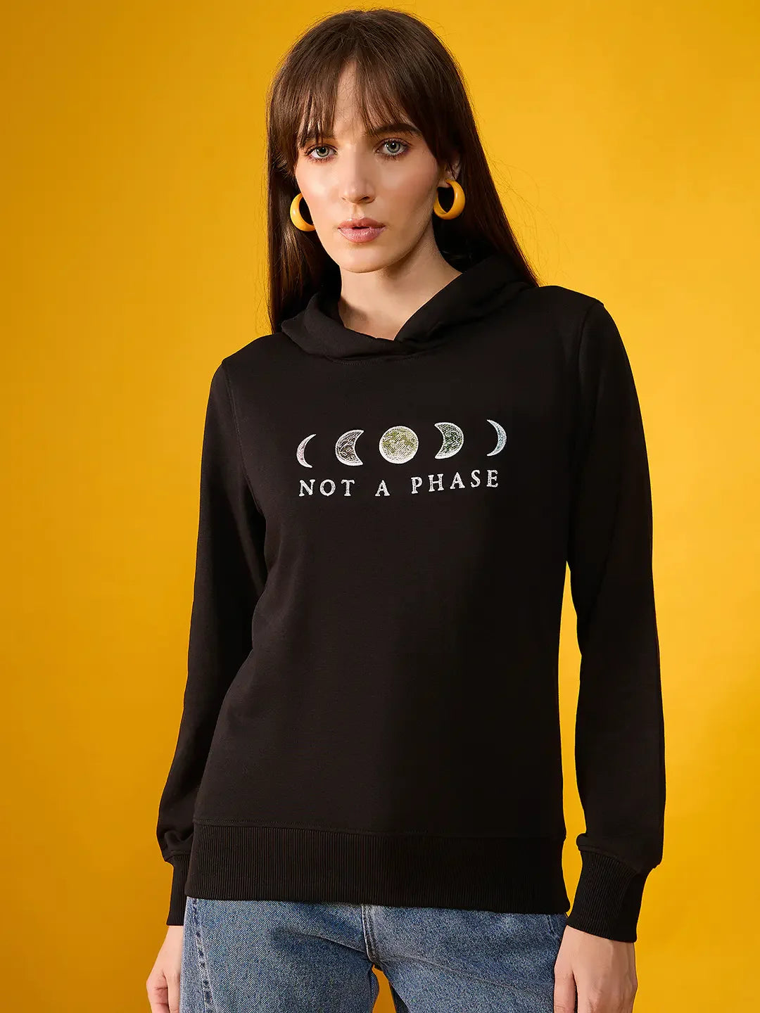 Women’s Black Hoodie Sweatshirt with Moon Phase Embroidery – Not a Phase Lunar Style