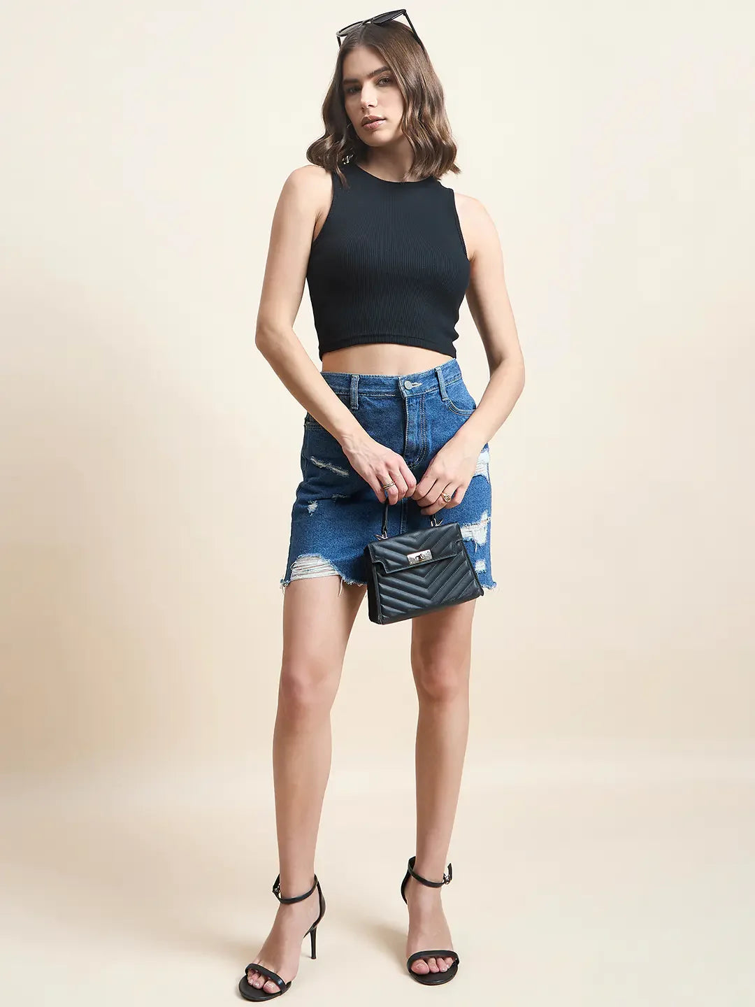 Women’s Black Ribbed High Neck Sleeveless Crop Top – Stretchable Slim Fit Casual Wear