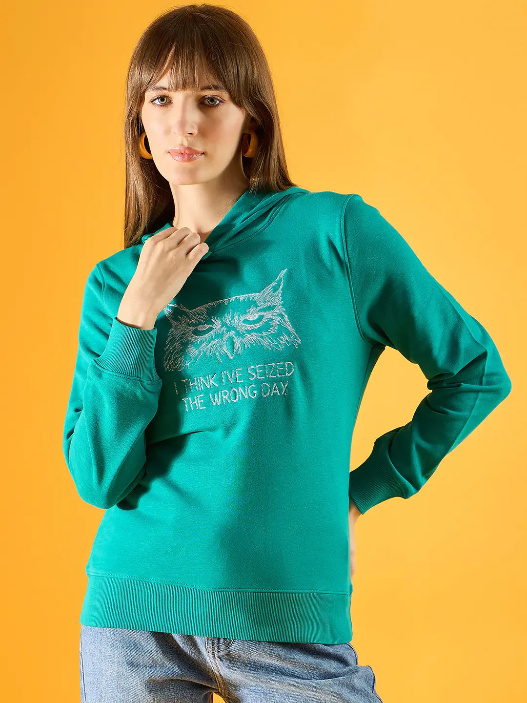 Women’s Bottle Green Hoodie Sweatshirt with Owl Embroidery – Quirky Winter Streetwear
