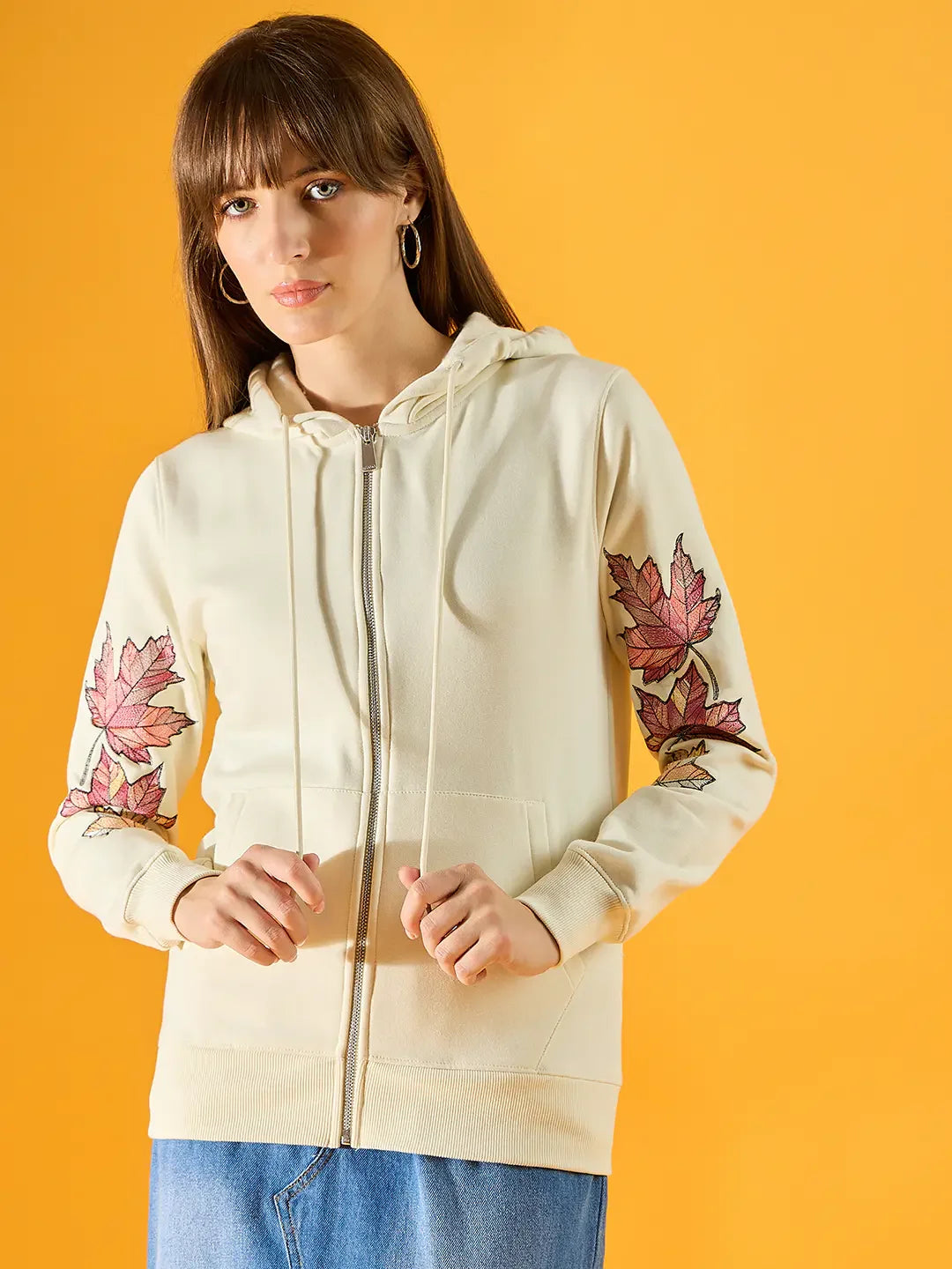 Women’s Butter Fleece Zipper Hoodie Sweatshirt with Leaf Sleeve Embroidery – Autumn Casual Wear