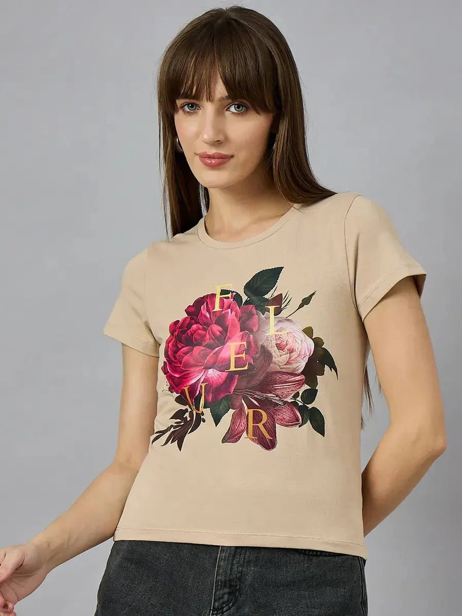 Woman in a 98degreenorth Women’s casual typography t-shirt with round neck, styled simply against a plain background.
