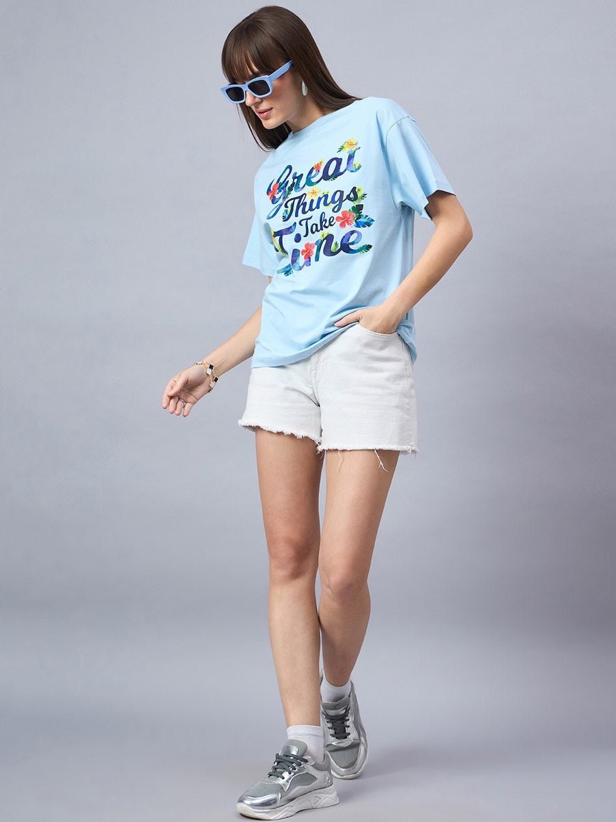 Women’s Cotton Typography Print T-shirt – Relaxed Drop Shoulder Sleeves