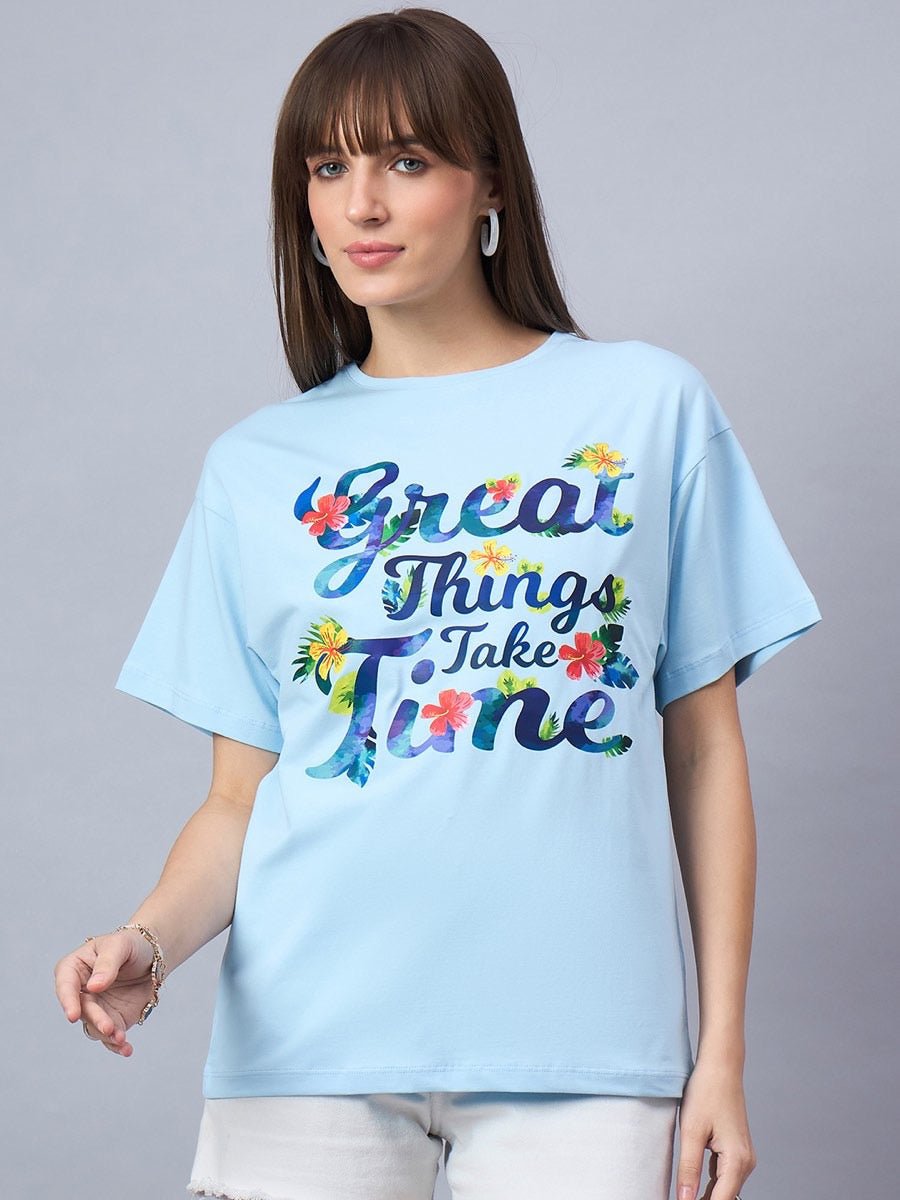 Women’s Cotton Typography Print T-shirt – Relaxed Drop Shoulder Sleeves