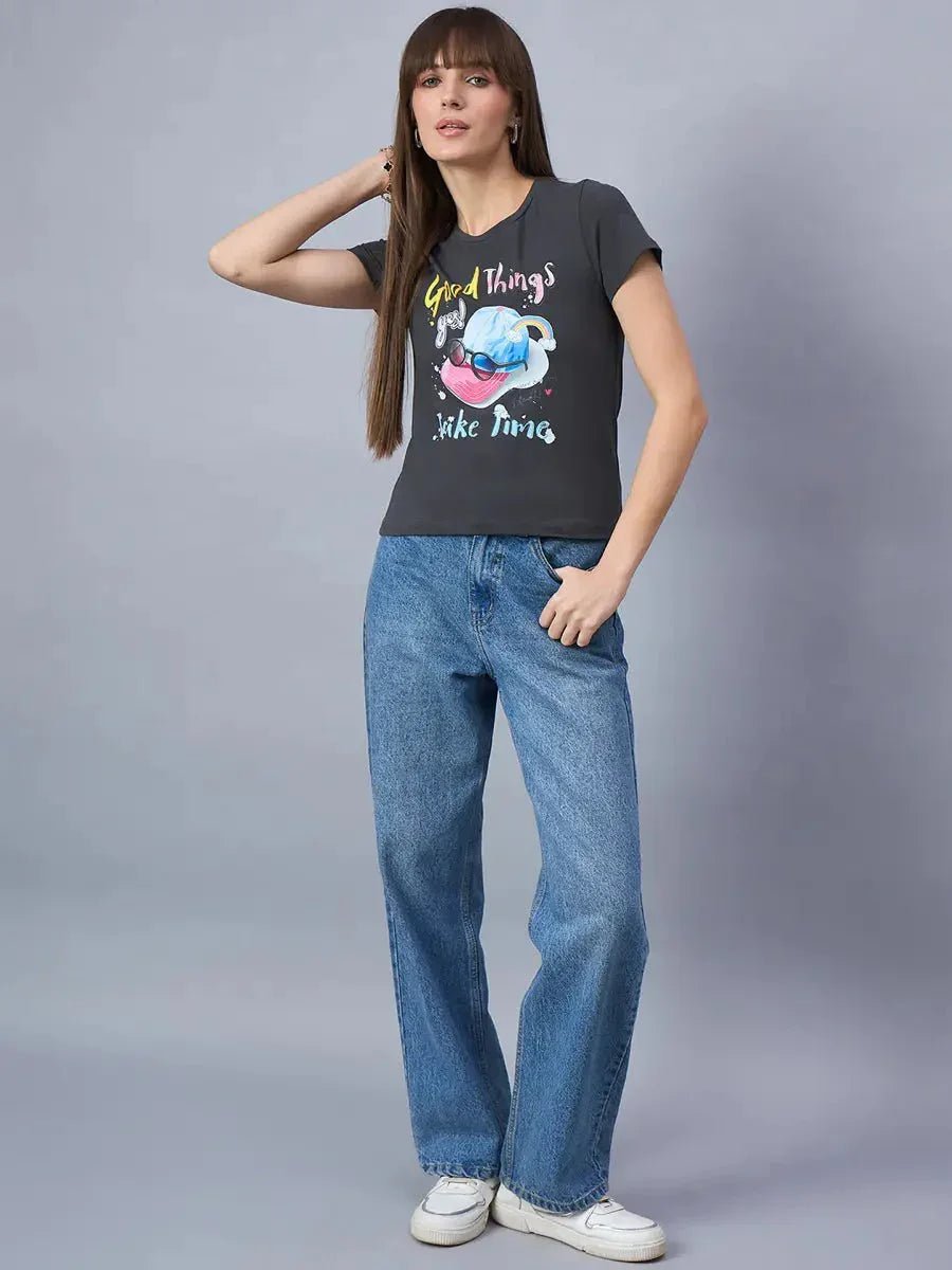 Women’s cotton typography t-shirt with a clean round neck — perfect for casual layering