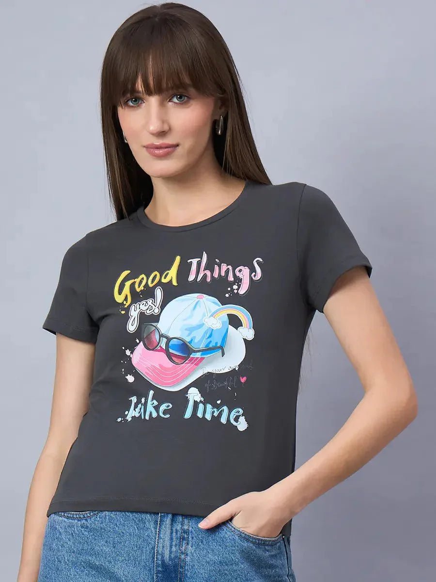 Women’s cotton typography t-shirt with a clean round neck — perfect for casual layering