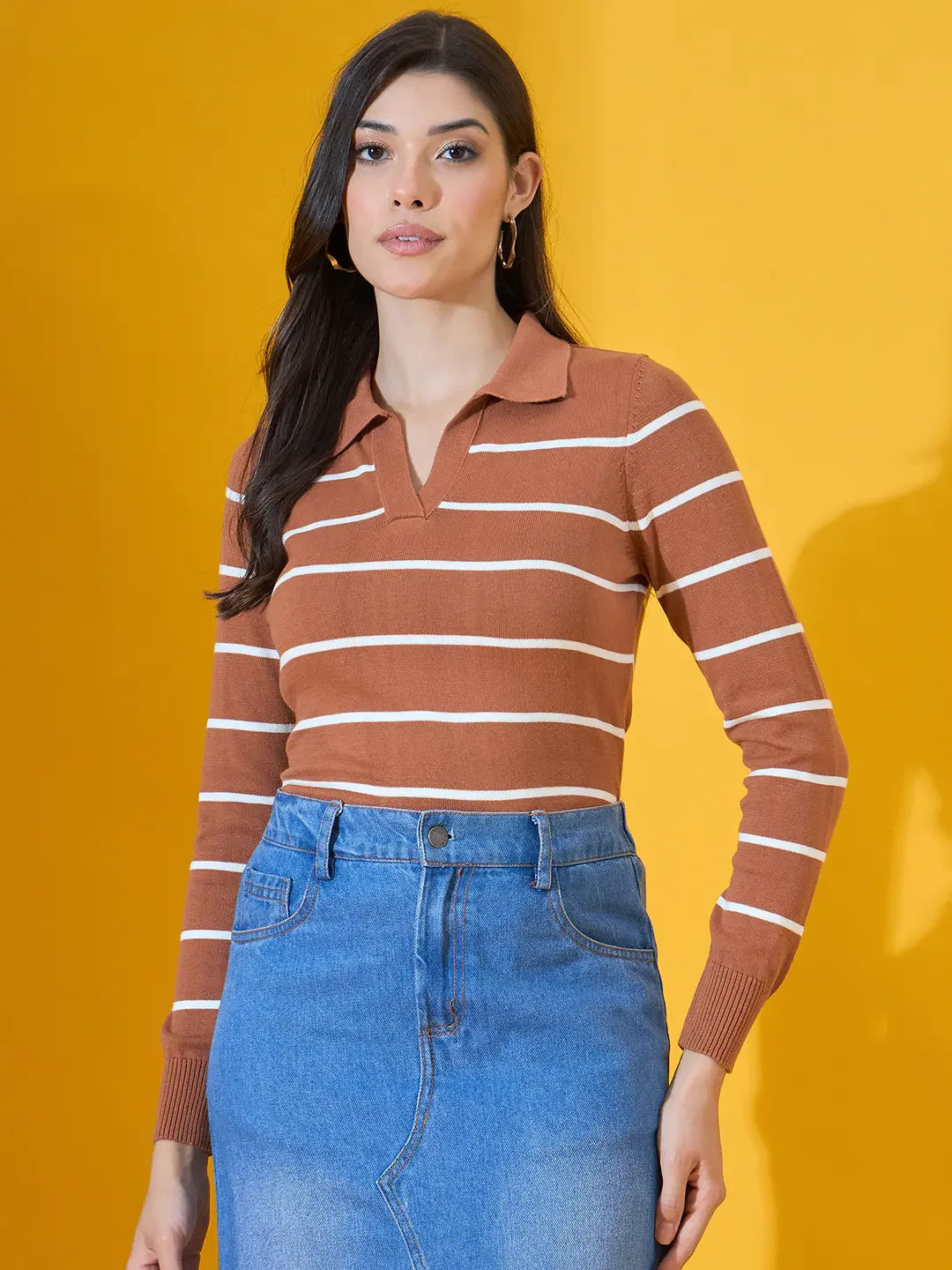 Dark Camel Striped Sweater Retro Style Polo Knit – 98degreenorth