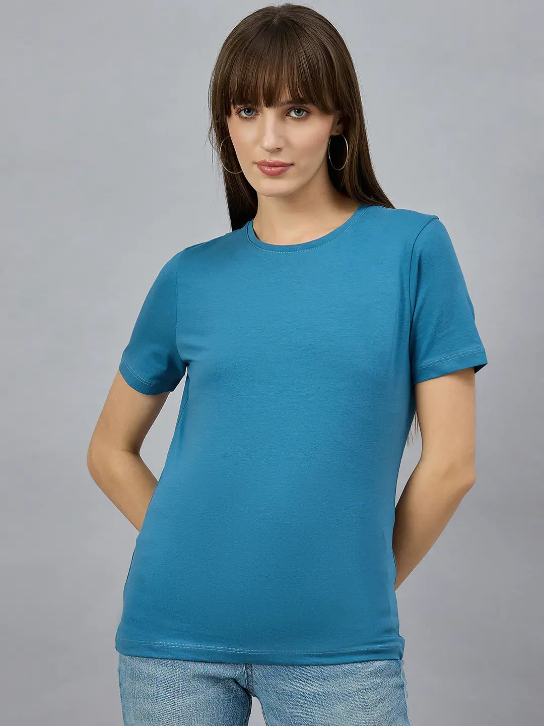 Women’s Denim Blue Round Neck Short Sleeve T-Shirt – Smart Casual Western Wear for Indian Women