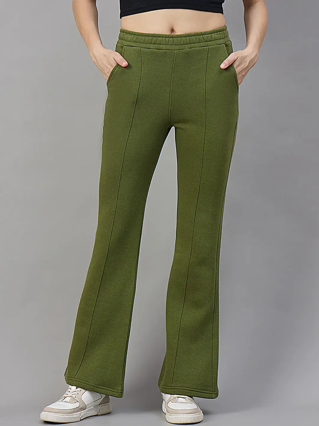 Women’s Flared Bootcut Fleece Sweatpants in Olive Melange – Sporty Cozy Streetwear