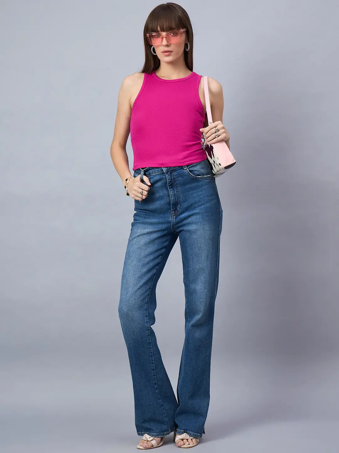 Women’s Fuchsia Ribbed Sleeveless Crop Top – Bold Slim Fit Casual Tank