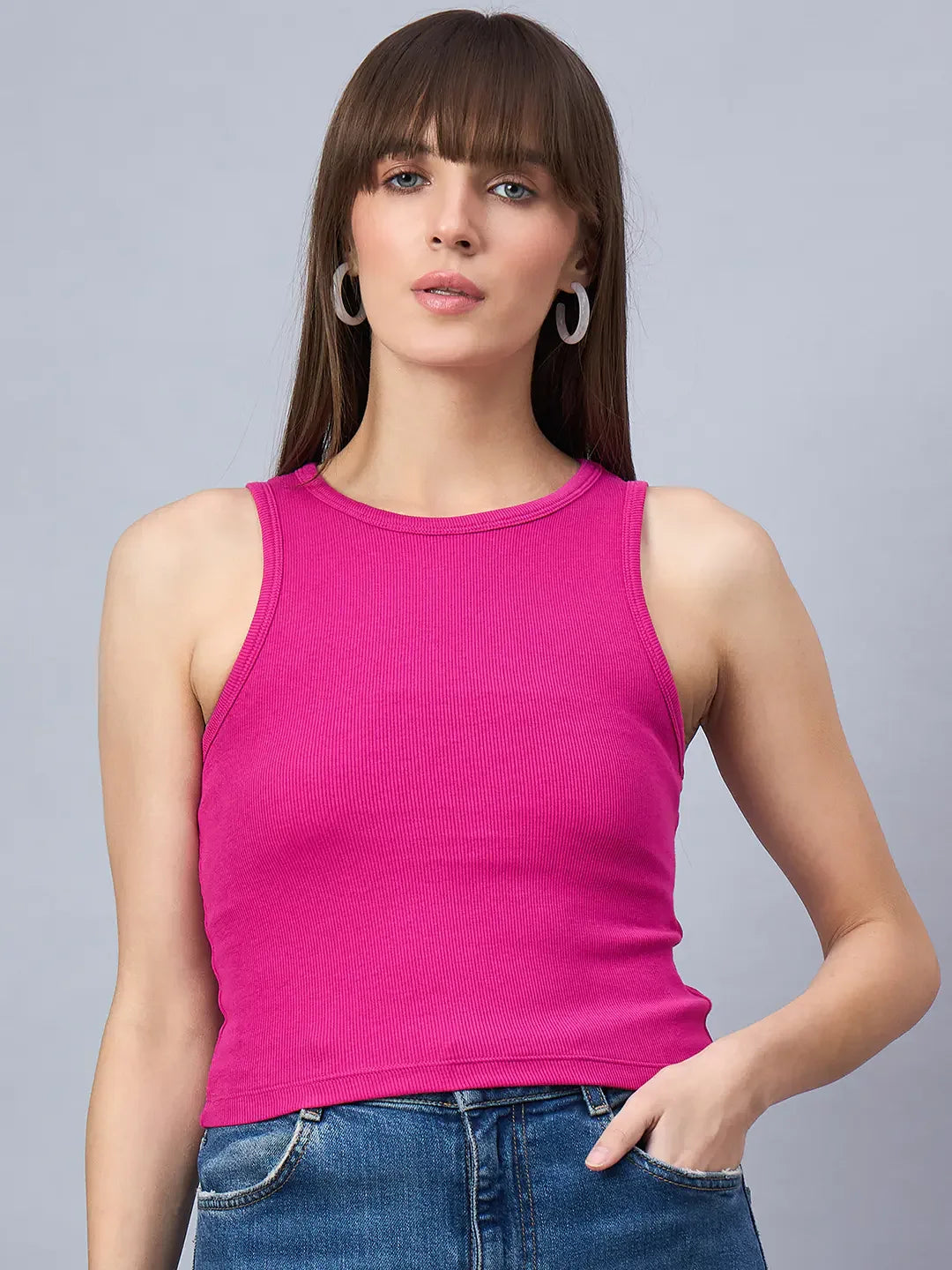 Women’s Fuchsia Ribbed Sleeveless Crop Top – Bold Slim Fit Casual Tank