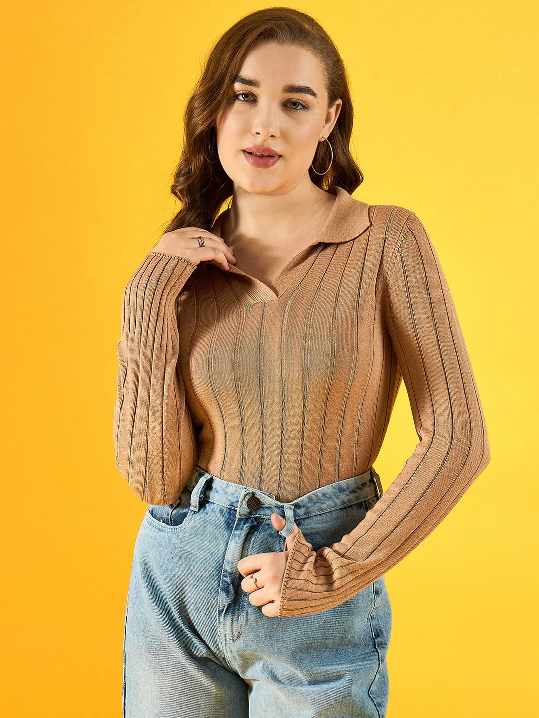 Women’s Light Camel Ribbed Collar Neck Sweater – Stylish Slim Fit Knit Top Winter Fashion India