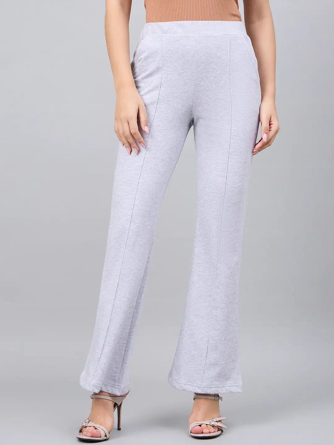 Women’s Light Grey Straight Fit Cotton Stretchable Trousers | Versatile Everyday Wear Pants