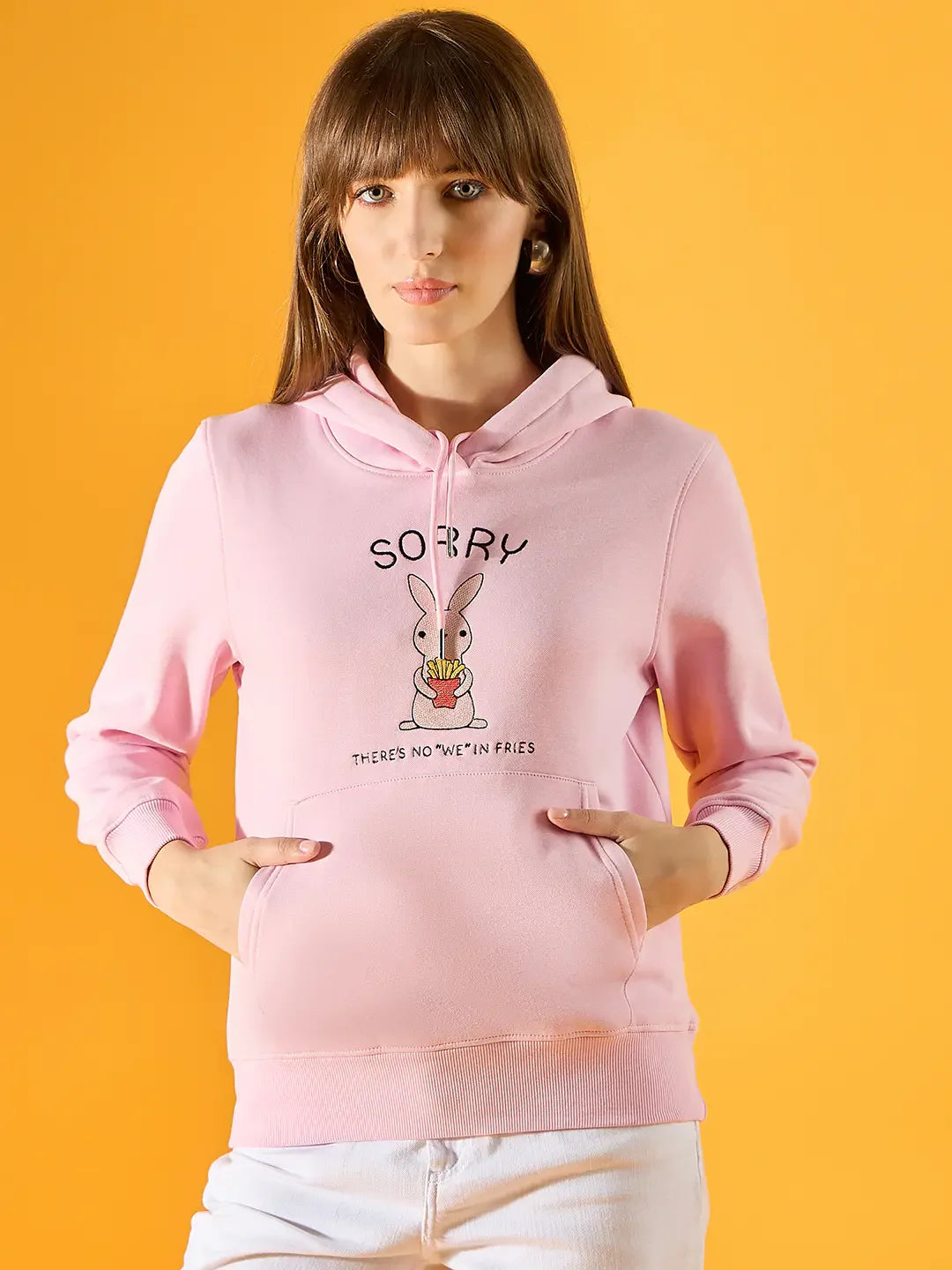 Women’s Light Pink Fleece Hoodie Sweatshirt with Bunny & Fries Embroidery – Quirky Casual Wear