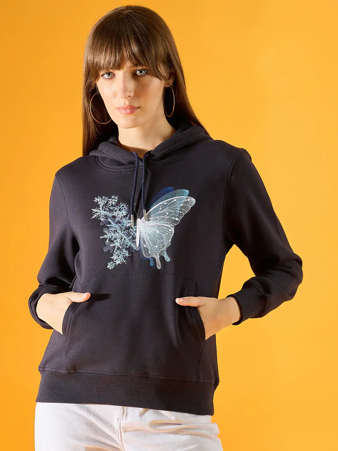 Women’s Navy Fleece Hoodie Sweatshirt with Butterfly Embroidery – Everyday Streetwear Style