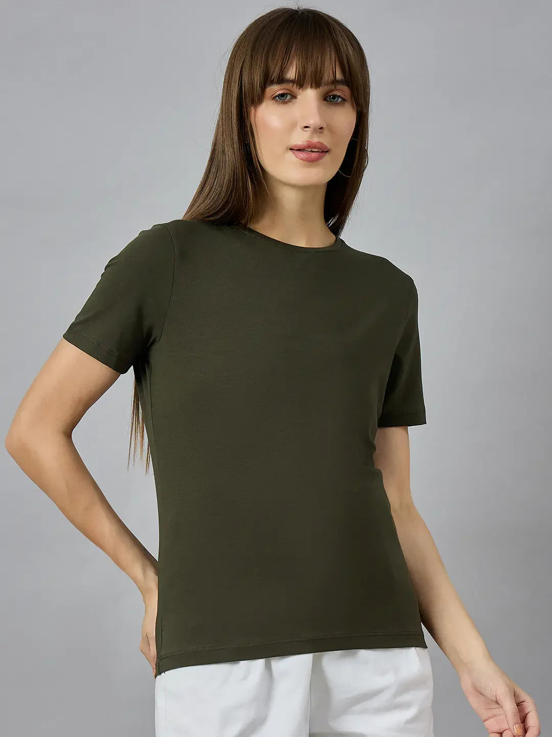 Women’s Olive Round Neck Short Sleeve T-Shirt – Everyday Smart Casual Western Wear for Women India