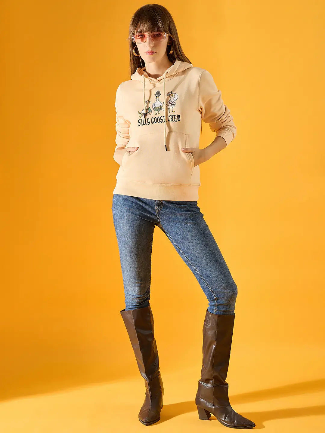Women’s Peach Fleece Hoodie Sweatshirt with Silly Goose Embroidery – Playful Casual Winterwear