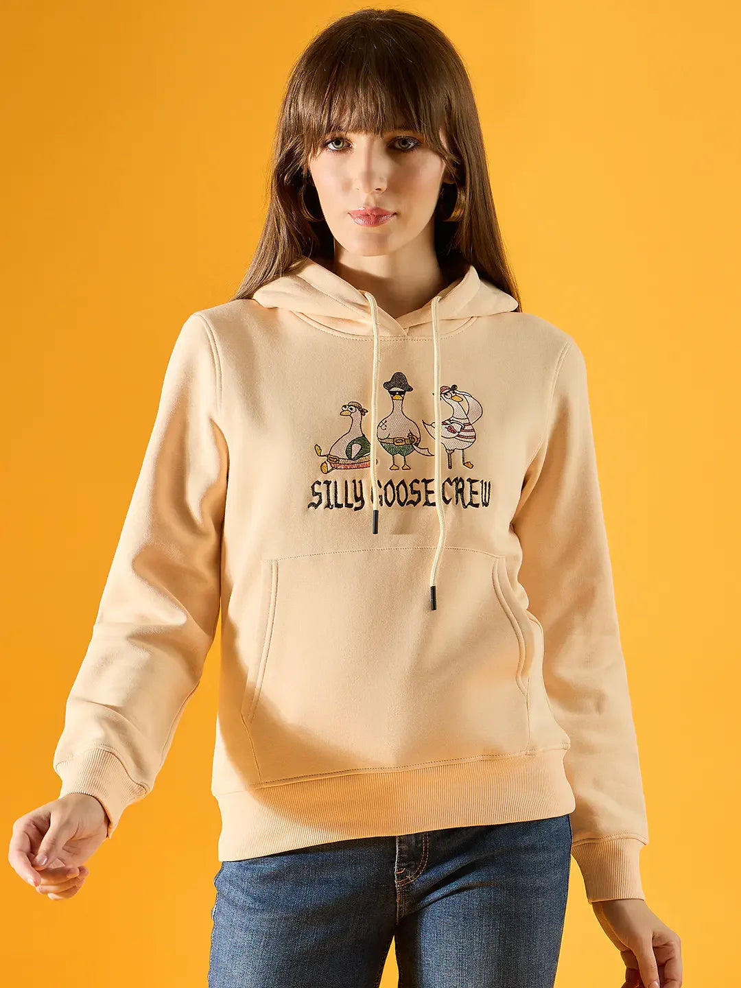 Women’s Peach Fleece Hoodie Sweatshirt with Silly Goose Embroidery – Playful Casual Winterwear