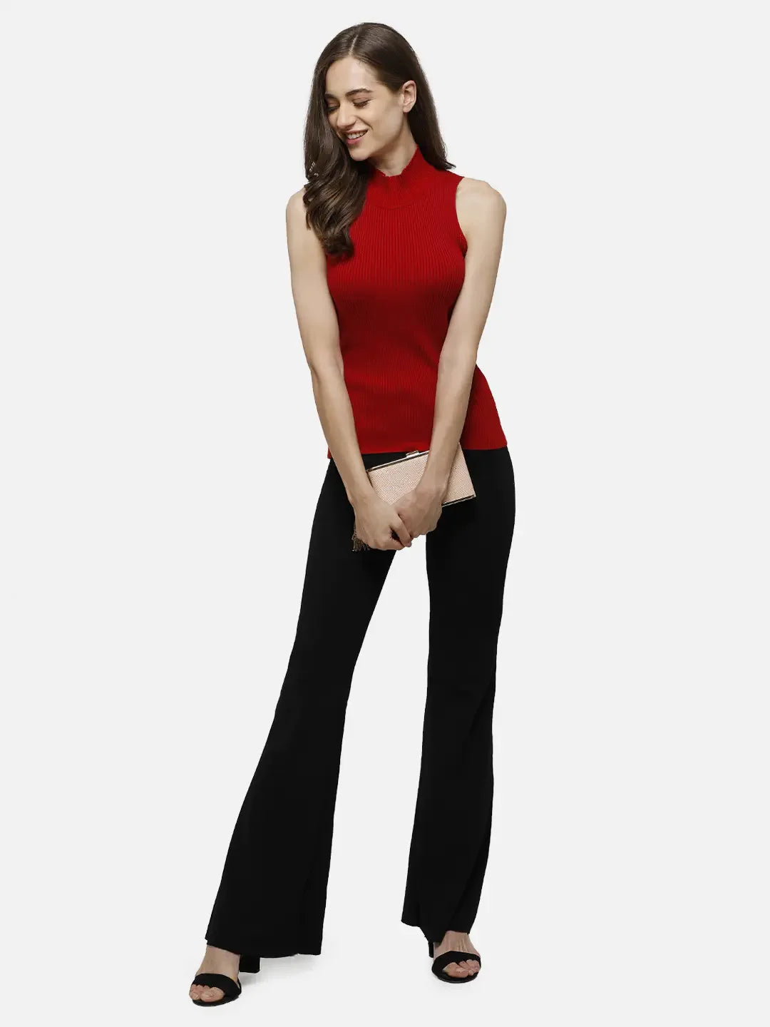 Women’s Red Ribbed High Neck Sleeveless Knit Top – Bold Slim Fit Solid Tank for Party & Casual Wear