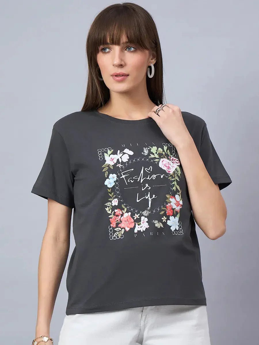 Woman in 98degreenorth Women’s Relaxed Fit Typography Printed Cotton Tee – Street Style, against a plain background.