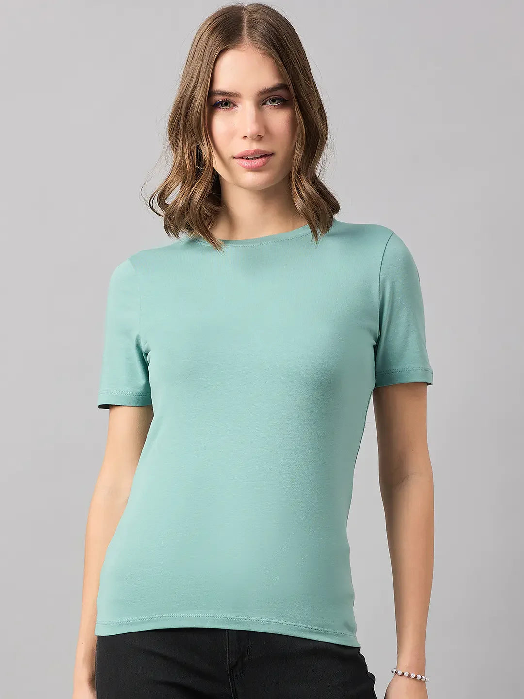 Women’s Sea Green Round Neck Short Sleeve T-Shirt – Stylish Summer Casual Western Wear in India