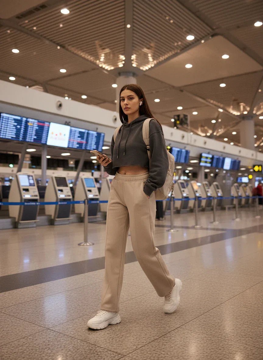 A woman in minimalist style wears 98degreenorth’s Women’s Straight Fit Fleece Sweatpants in Almond at the airport.