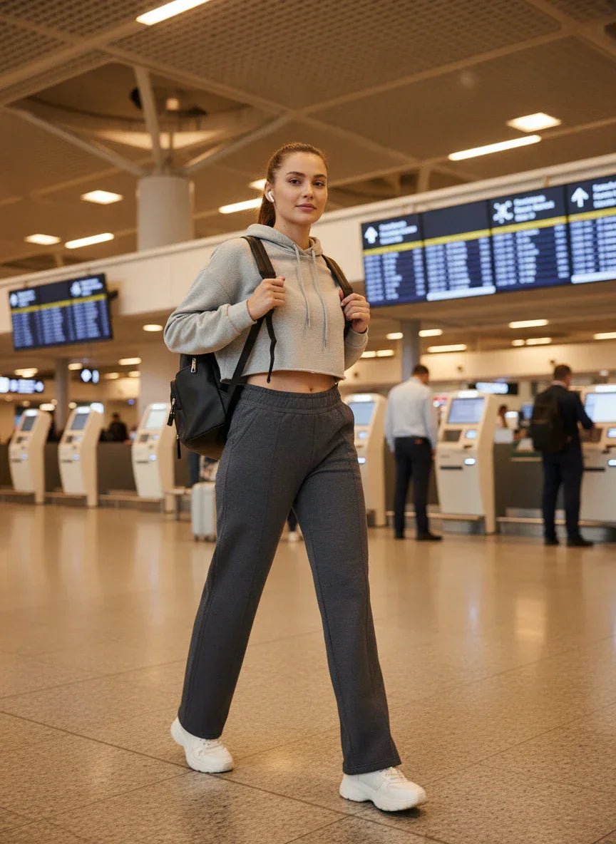A woman in 98degreenorth Women’s Straight Fit Fleece Sweatpants in Anthra walks past airport flight info boards.
