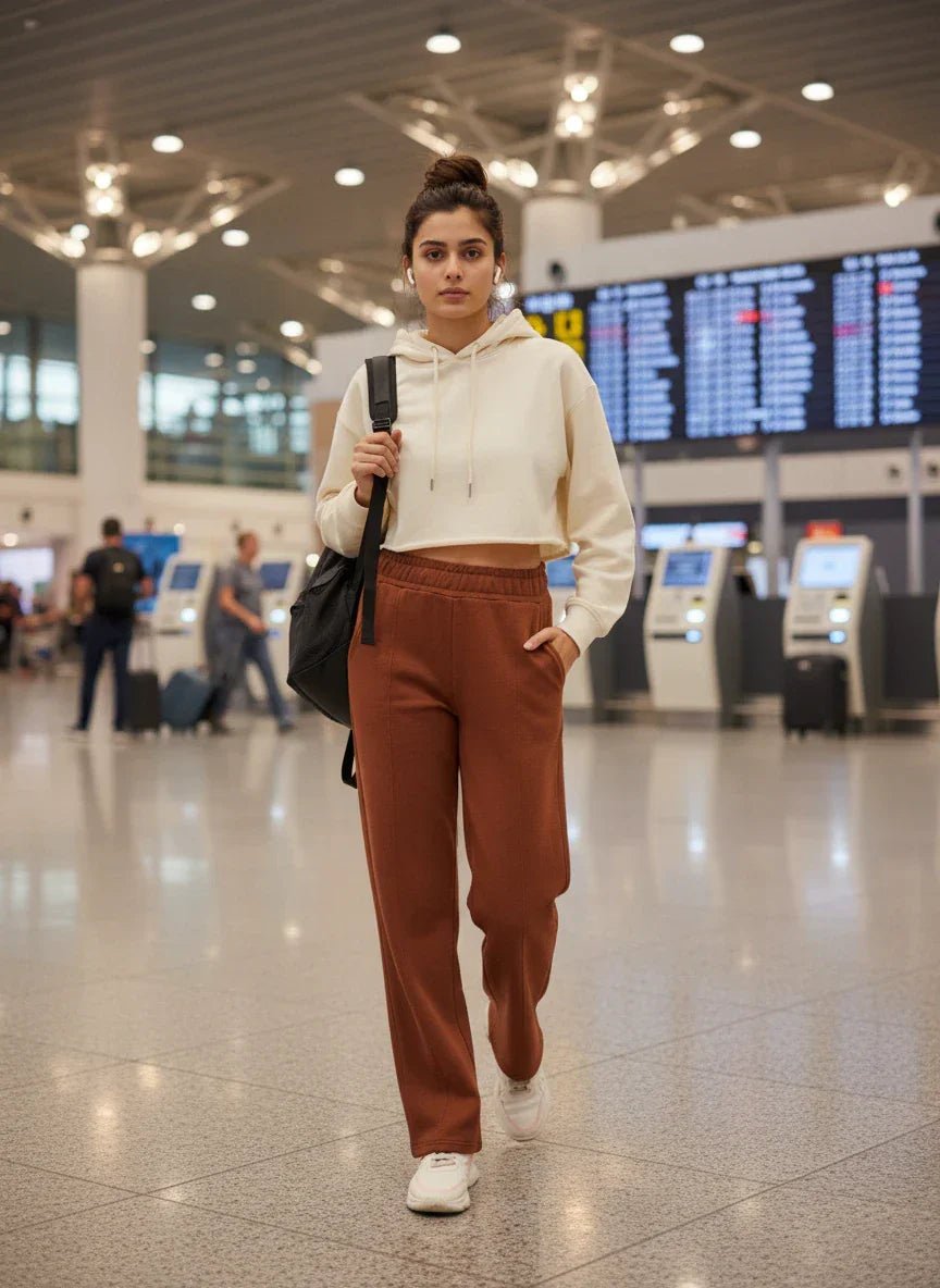 A woman in 98degreenorth Women’s Straight Fit Fleece Sweatpants in Rust walks through an airport with a backpack.