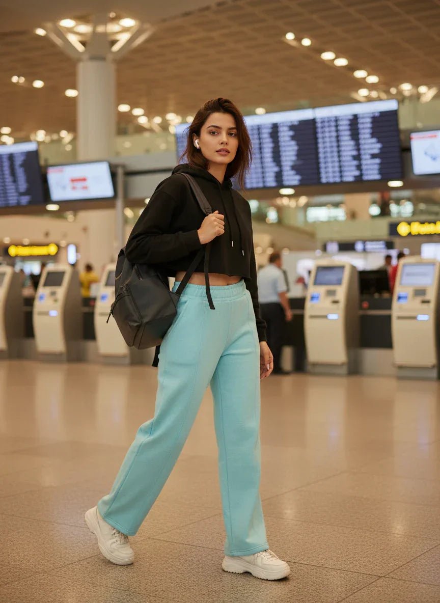 Woman in turquoise 98degreenorth fleece sweatpants, black hoodie, and white sneakers stands in an airport with a backpack.