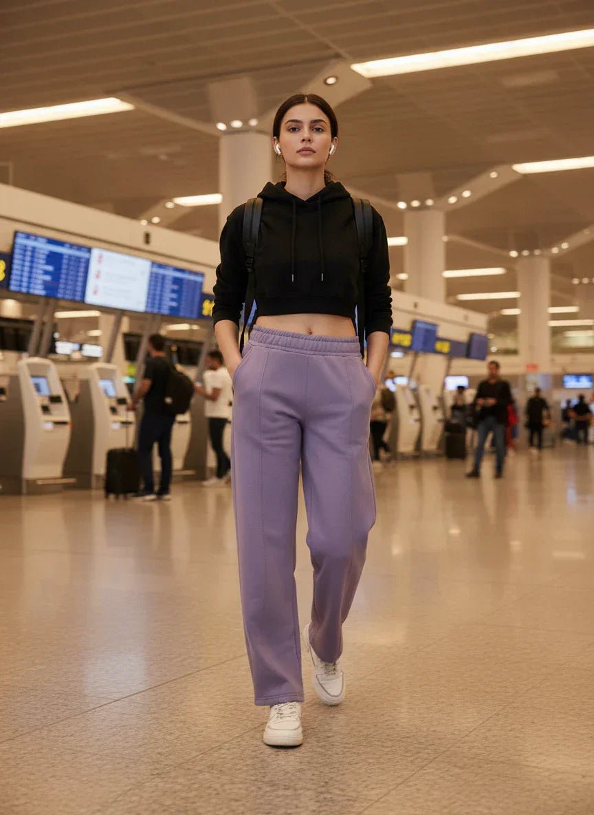 A woman in 98degreenorth’s violet straight fit fleece sweatpants walks confidently through an airport terminal.