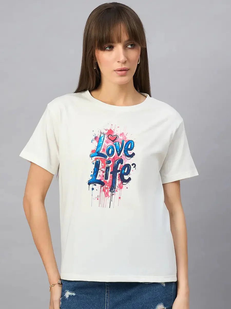 Woman in a 98degreenorth Women’s Typography Printed Cotton T-shirt, round neck, casual streetwear style.