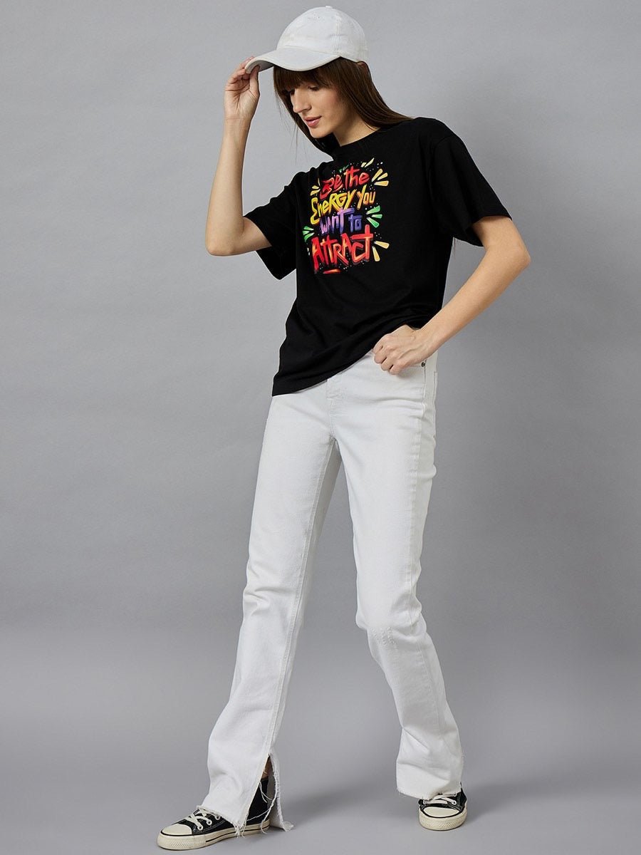 Women's Typography Printed Cotton T-shirt – Round Neck & Drop Shoulder Fit