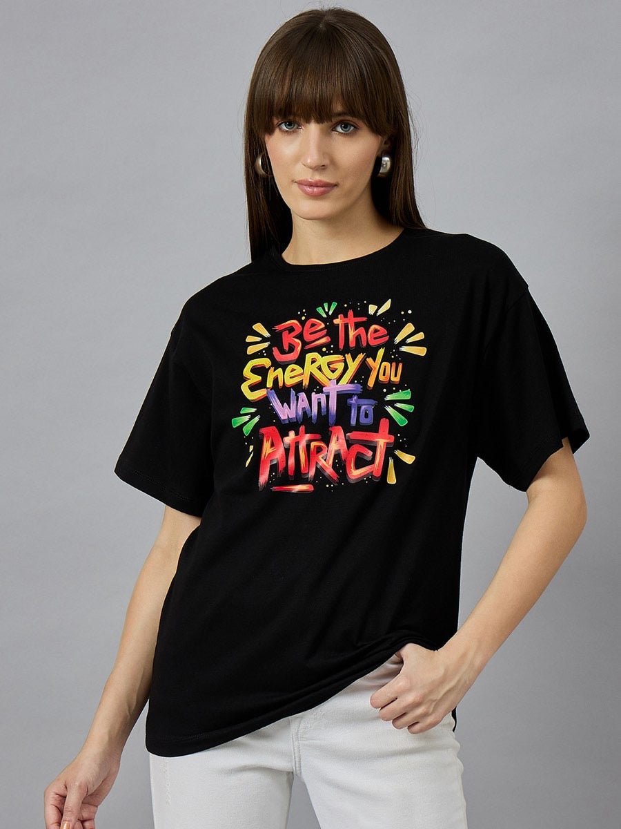 Women's Typography Printed Cotton T-shirt – Round Neck & Drop Shoulder Fit