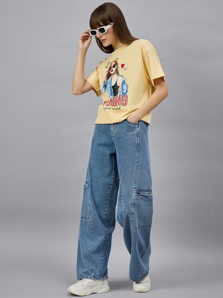 Women’s Typography Printed Oversized T-shirt – 100% Cotton, Relaxed Fit