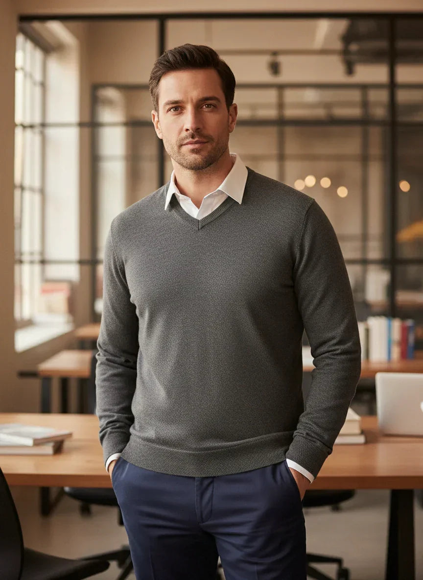 A man with short brown hair and a trimmed beard stands in an office, wearing a gray sweater over a white collared shirt and navy pants, with his hands in his pockets.