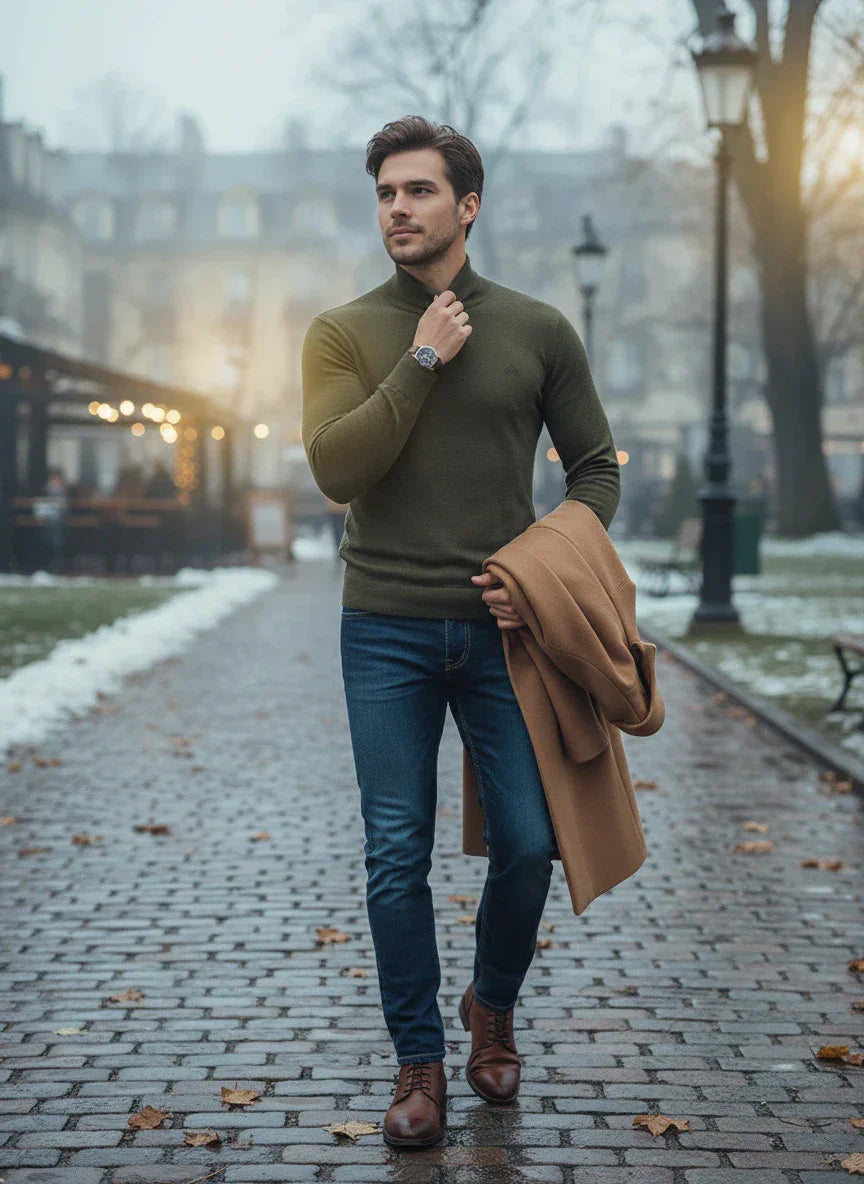 A man in a green sweater, blue jeans, and brown boots walks on a cobblestone path holding a tan coat, with snow patches and lights in a misty park.
