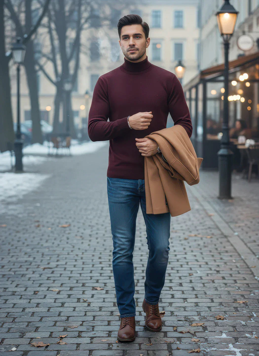A man walks on a cobblestone street in winter, wearing a burgundy turtleneck, blue jeans, and brown boots, holding a tan coat. Snow is on the ground, and outdoor lamps and buildings line the street.