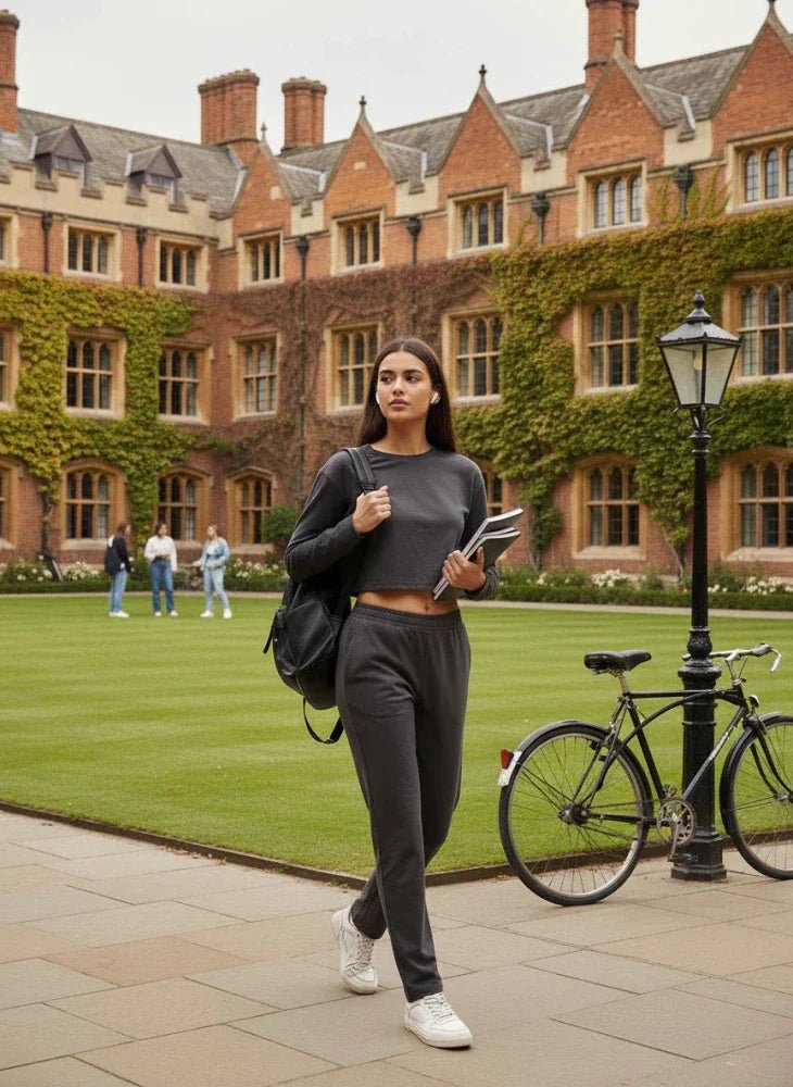 A young woman in a dark tracksuit walks on a campus path carrying books and a backpack; a bicycle, students, and a large ivy-covered brick building are in the background.
