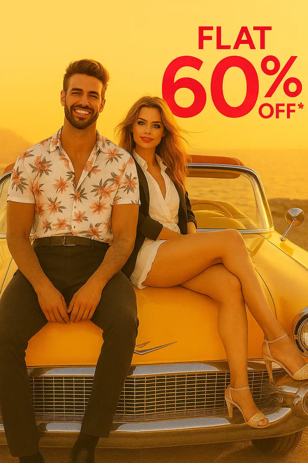 Two people sitting on a vintage car with a promotional text overlay on a yellow background