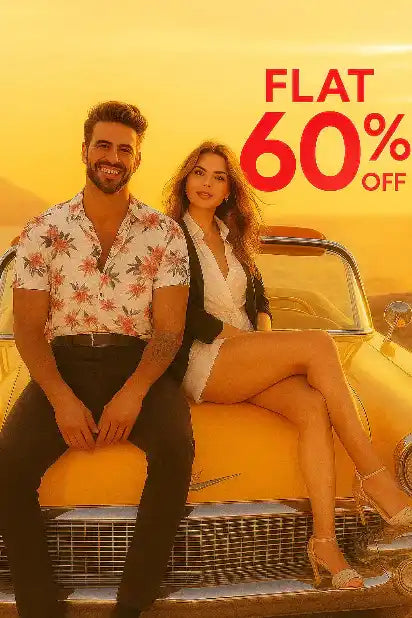 Two people sitting on a yellow vintage car with a promotional text overlay.