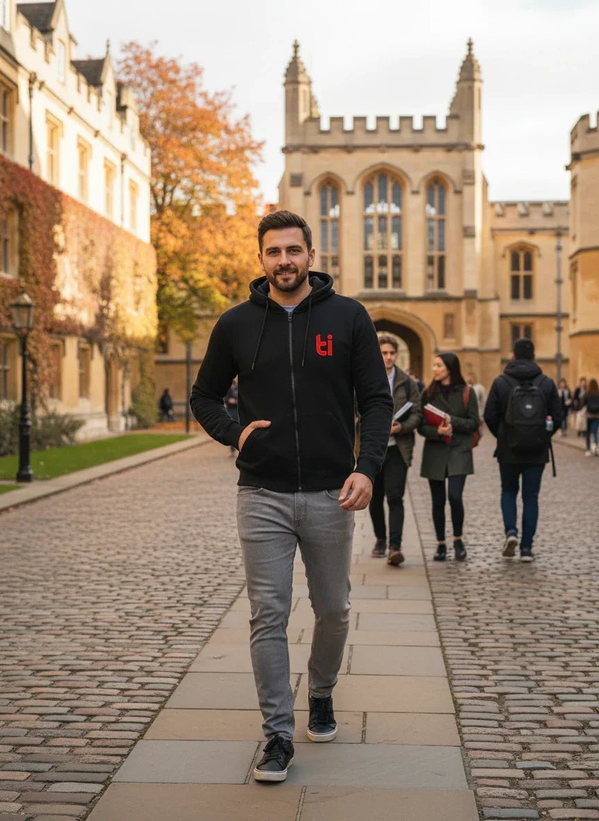 A man wears the 98degreenorth Black Fleece Zipper Hoodie on a campus path, with students in the background.