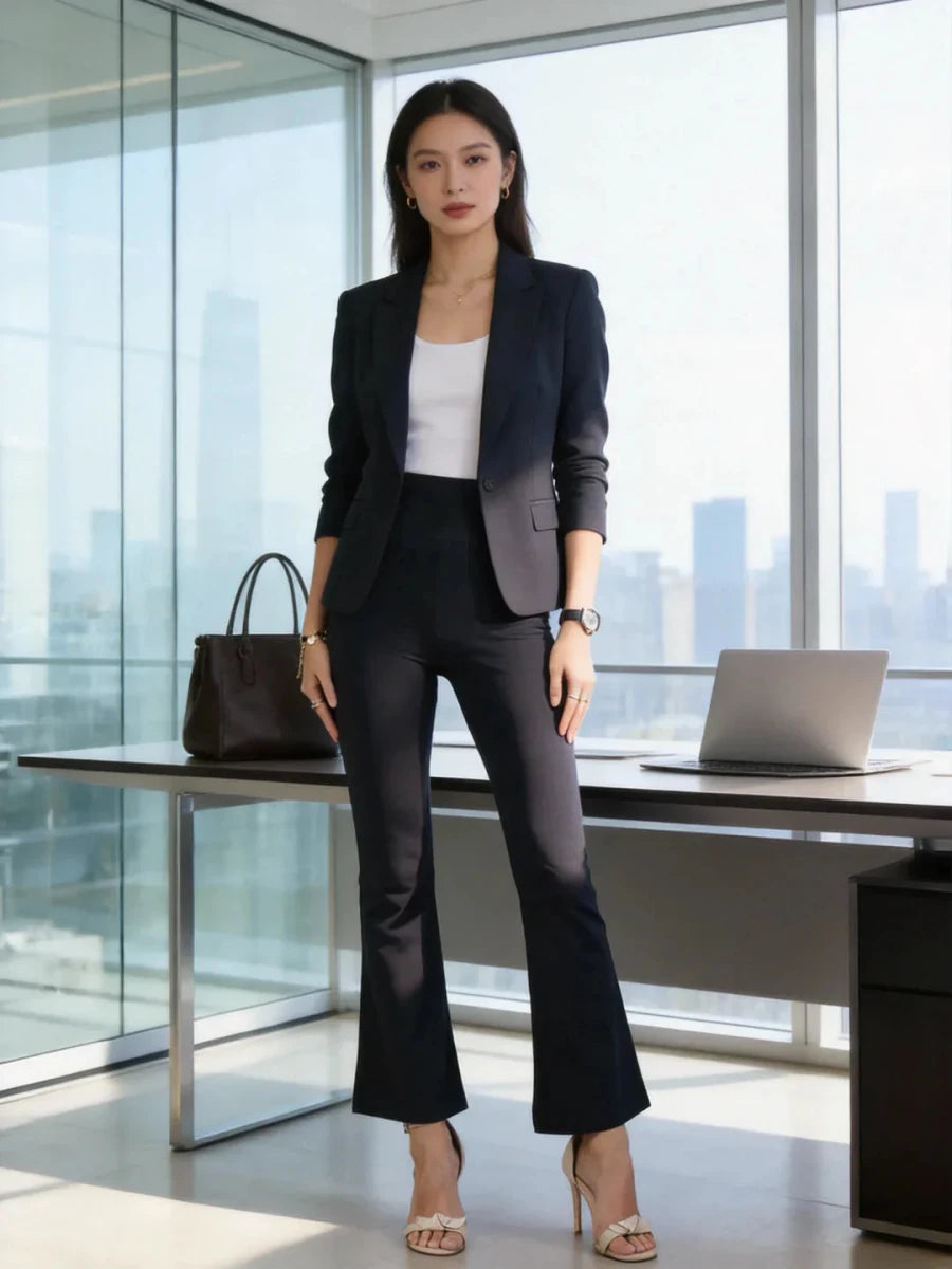 A woman wears 98degreenorth Navy Stretchable Trousers, standing confidently in a modern office with city views.