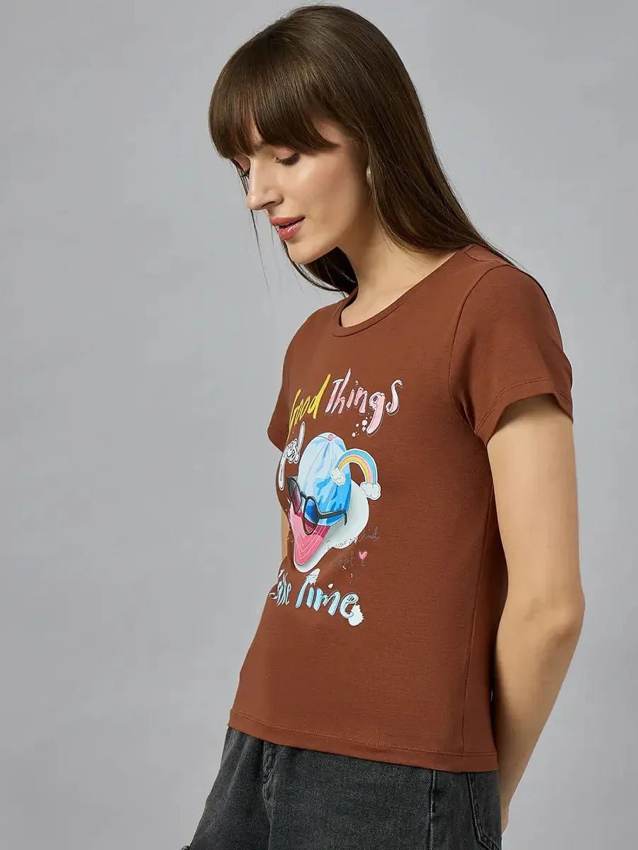 Woman in a 98degreenorth breathable cotton tee with typography print, perfect for streetwear-inspired everyday outfits.