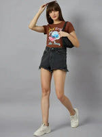 Woman in a 98degreenorth typography print cotton tee, perfect for chic streetwear-inspired everyday style.