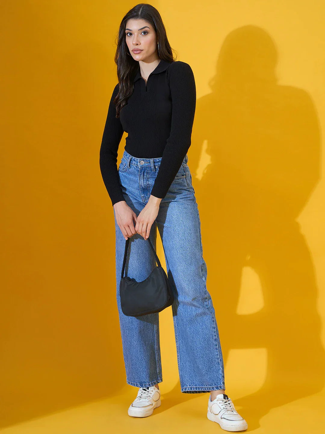 Black Ribbed Collared Sweater for Women – Classic Winter Knit Top Online India